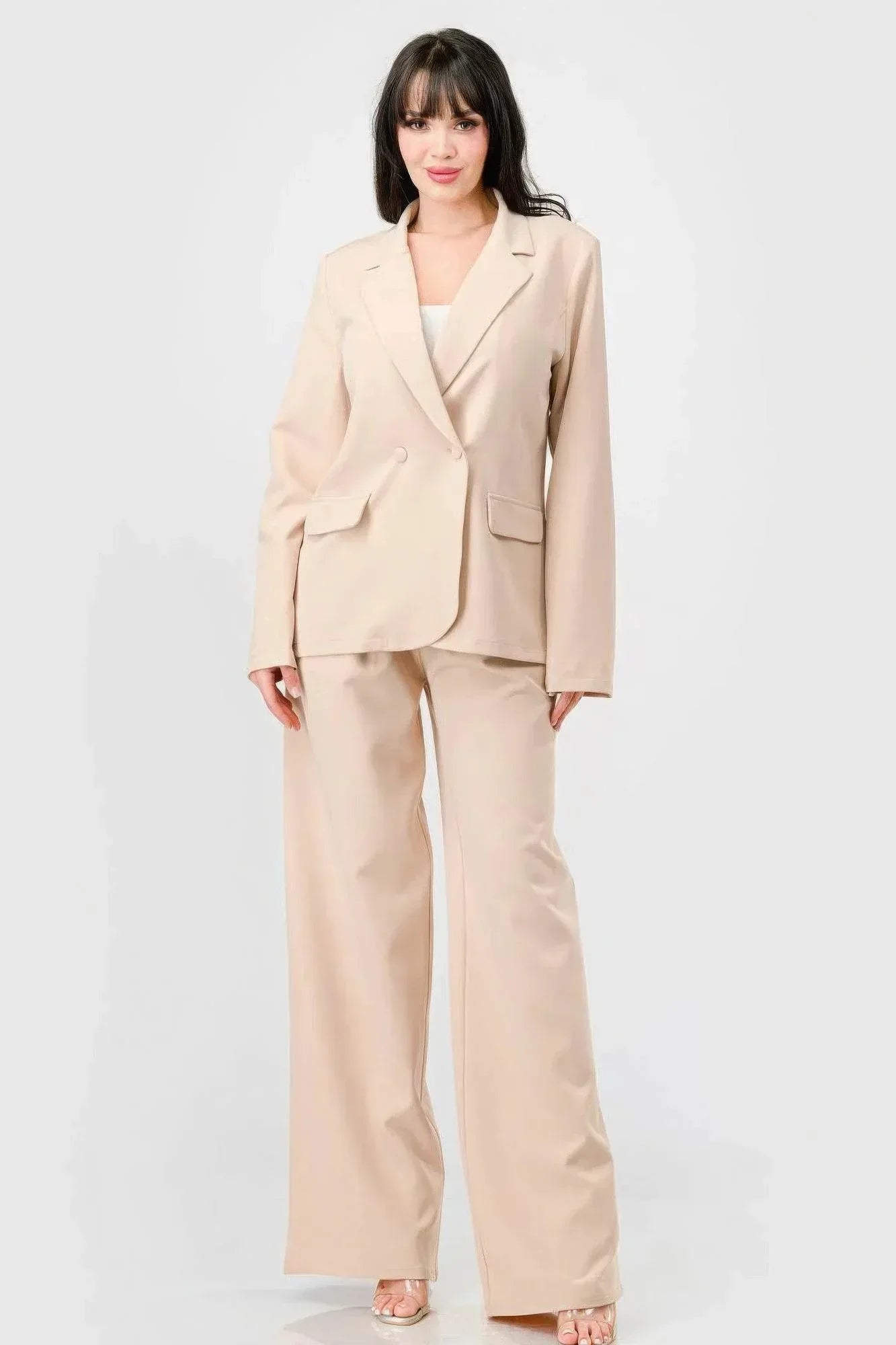 Luxe Stretch Woven Loose Fit Blazer And Wide Legs Pants Semi Formal Set | Mixtshop LLC