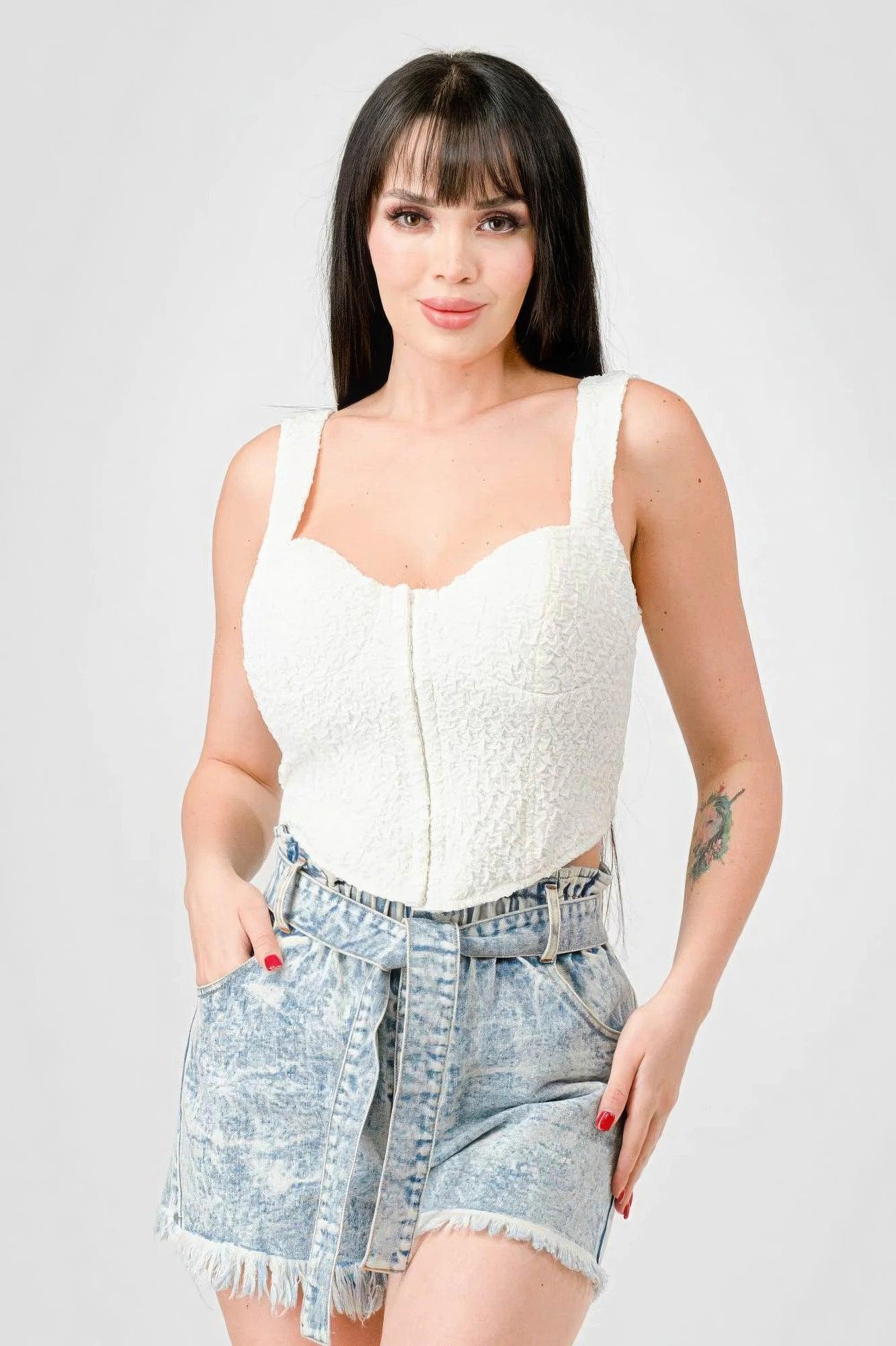 Crinkle Stretch Knit Sweetheart Hooked Bustier Cropped Top | Mixtshop LLC Main image