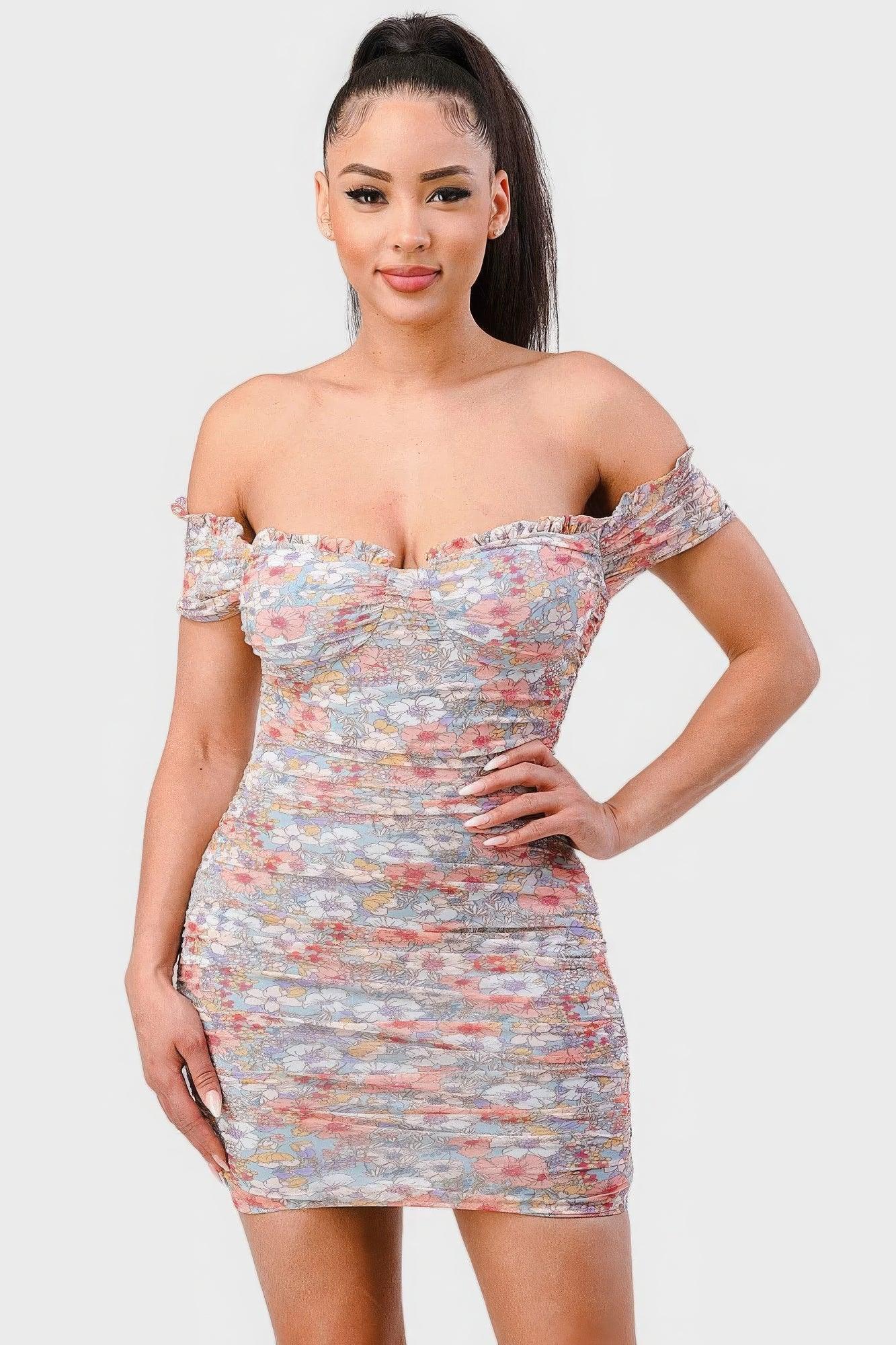 Floral Print Mesh Sweetheart Ruffled Off Shoulder Ruched Mini Dress | Mixtshop LLC Main image