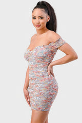 Floral Print Mesh Sweetheart Ruffled Off Shoulder Ruched Mini Dress | Mixtshop LLC