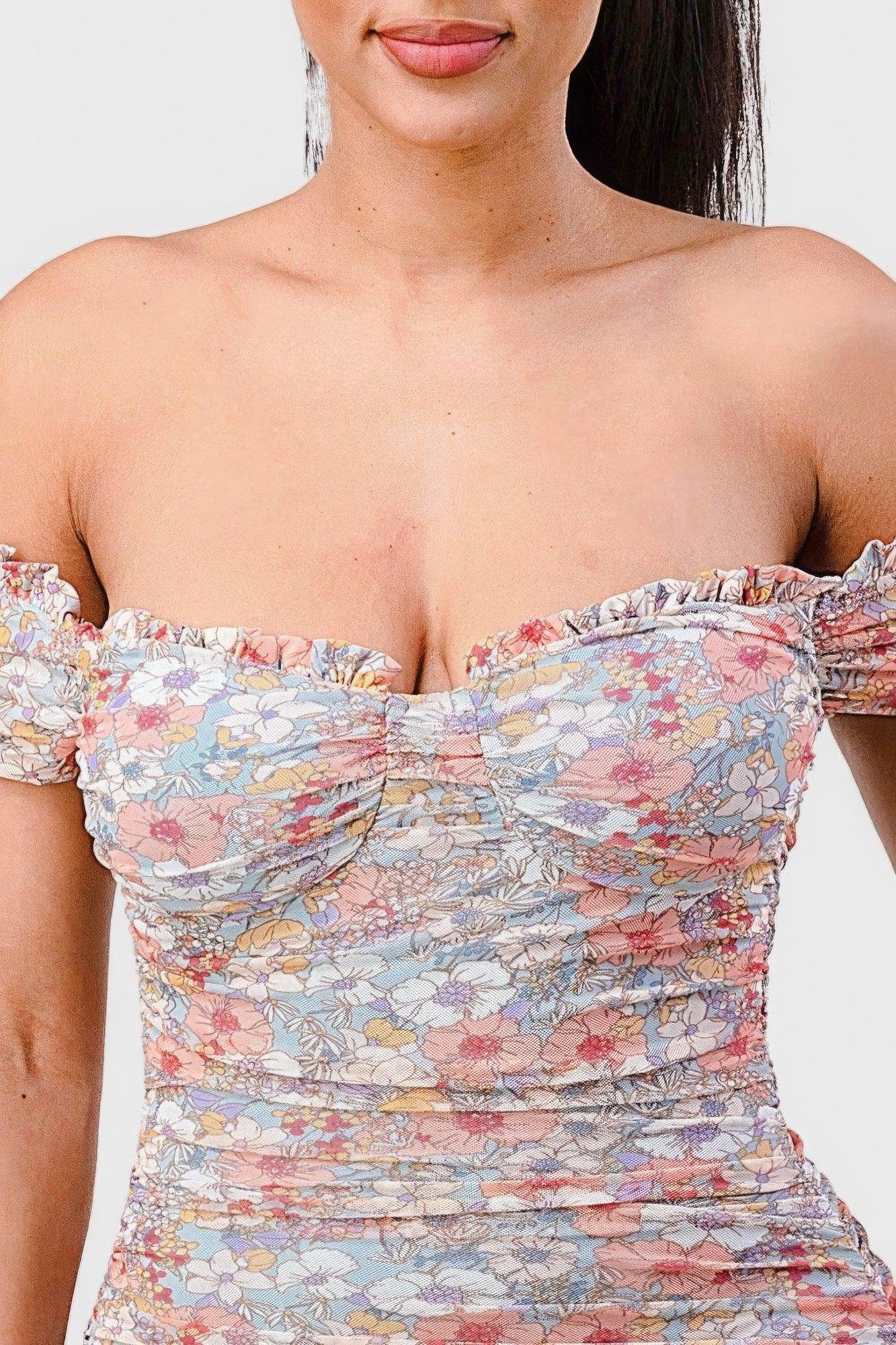 Floral Print Mesh Sweetheart Ruffled Off Shoulder Ruched Mini Dress | Mixtshop LLC