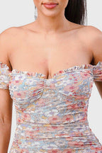 Floral Print Mesh Sweetheart Ruffled Off Shoulder Ruched Mini Dress | Mixtshop LLC