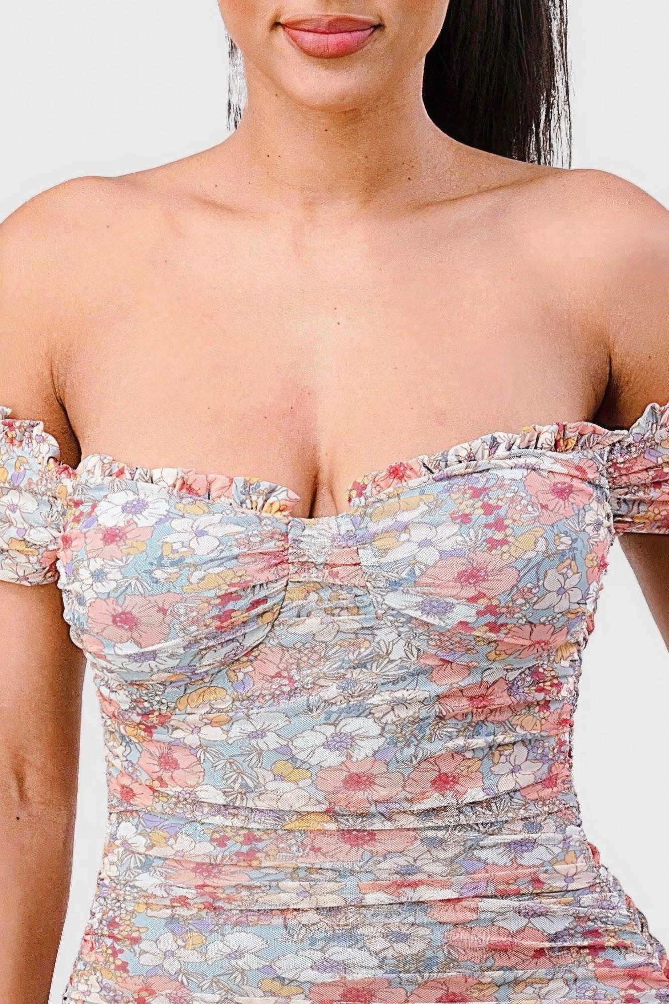 Floral Print Mesh Sweetheart Ruffled Off Shoulder Ruched Mini Dress | Mixtshop LLC
