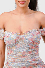 Floral Print Mesh Sweetheart Ruffled Off Shoulder Ruched Mini Dress | Mixtshop LLC