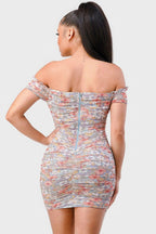 Floral Print Mesh Sweetheart Ruffled Off Shoulder Ruched Mini Dress | Mixtshop LLC