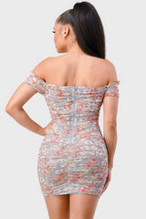 Floral Print Mesh Sweetheart Ruffled Off Shoulder Ruched Mini Dress | Mixtshop LLC