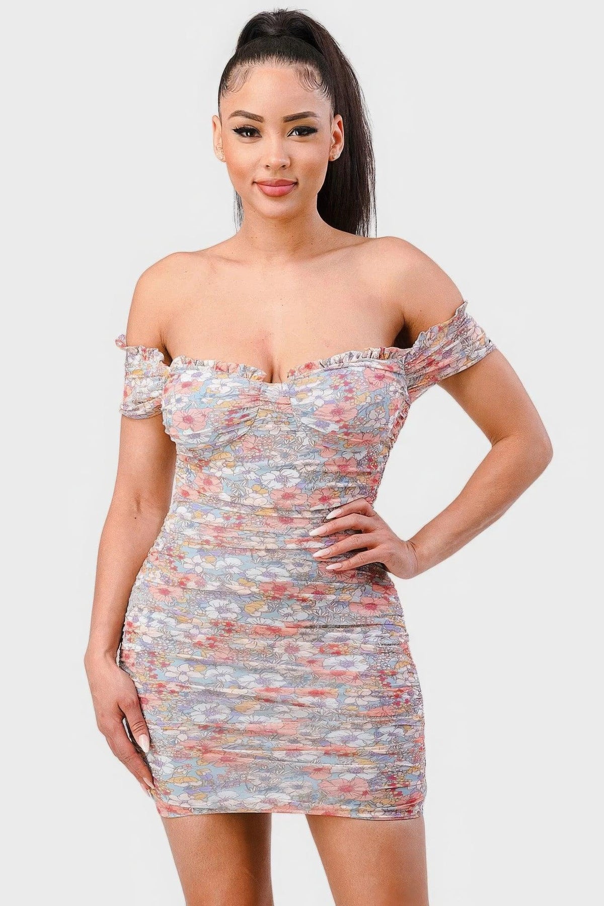 Floral Print Mesh Sweetheart Ruffled Off Shoulder Ruched Mini Dress | Mixtshop LLC