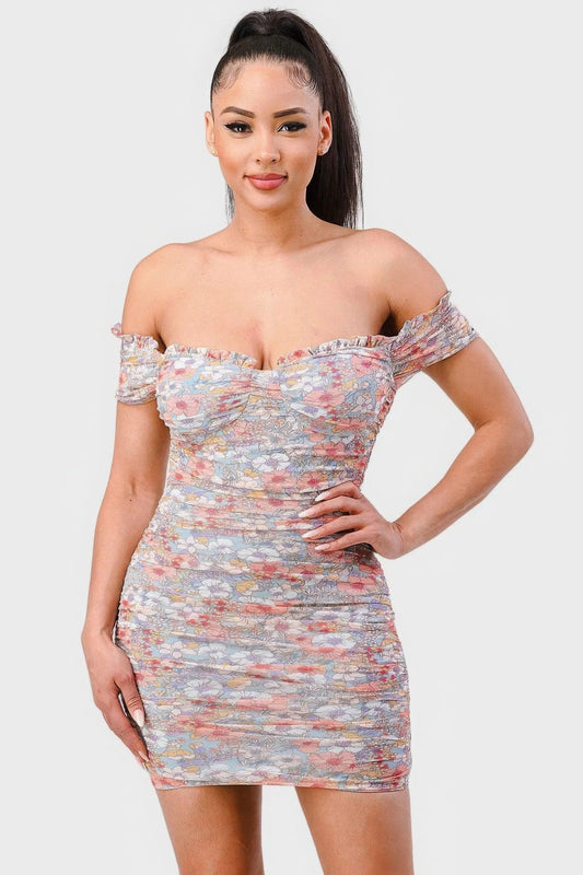 Floral Print Mesh Sweetheart Ruffled Off Shoulder Ruched Mini Dress | Mixtshop LLC