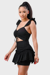 Sweetheart With Drawstring Bow Cutout Ruffled Flutter Sleeves Mini Dress | Mixtshop LLC
