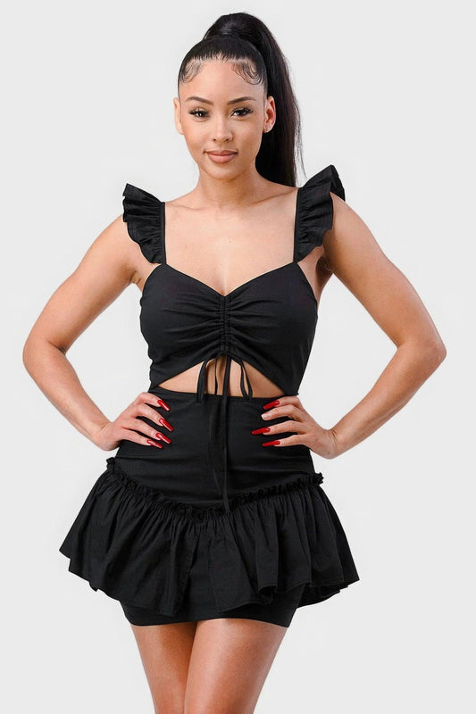 Sweetheart With Drawstring Bow Cutout Ruffled Flutter Sleeves Mini Dress | Mixtshop LLC