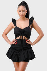 Sweetheart With Drawstring Bow Cutout Ruffled Flutter Sleeves Mini Dress | Mixtshop LLC