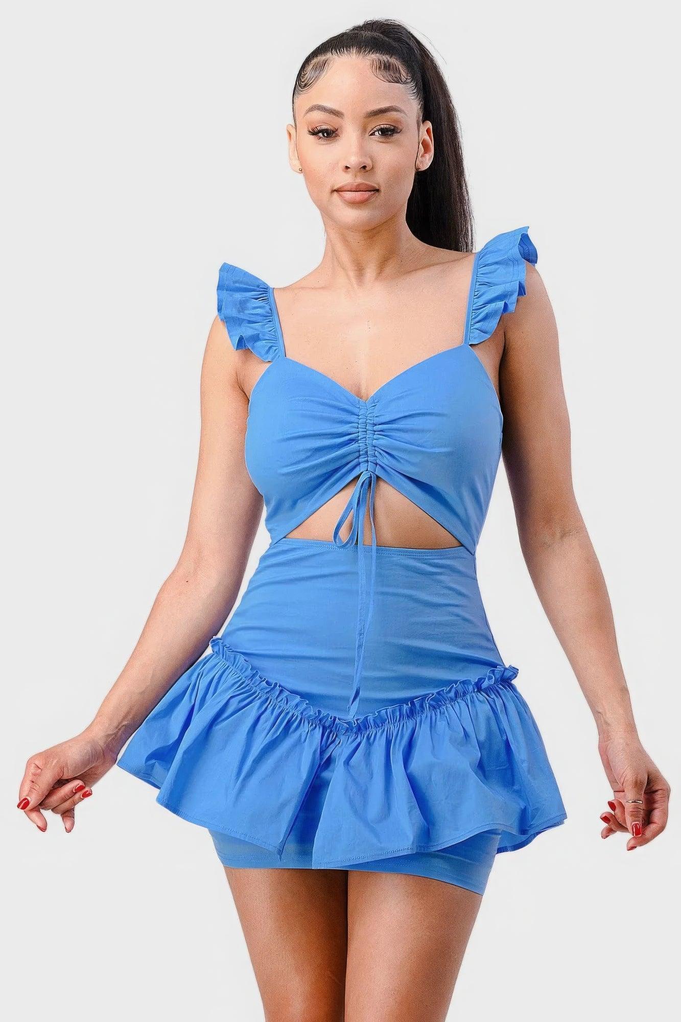 Sweetheart With Drawstring Bow Cutout Ruffled Flutter Sleeves Mini Dress | Mixtshop LLC Main image