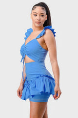Sweetheart With Drawstring Bow Cutout Ruffled Flutter Sleeves Mini Dress | Mixtshop LLC