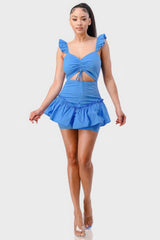 Sweetheart With Drawstring Bow Cutout Ruffled Flutter Sleeves Mini Dress | Mixtshop LLC