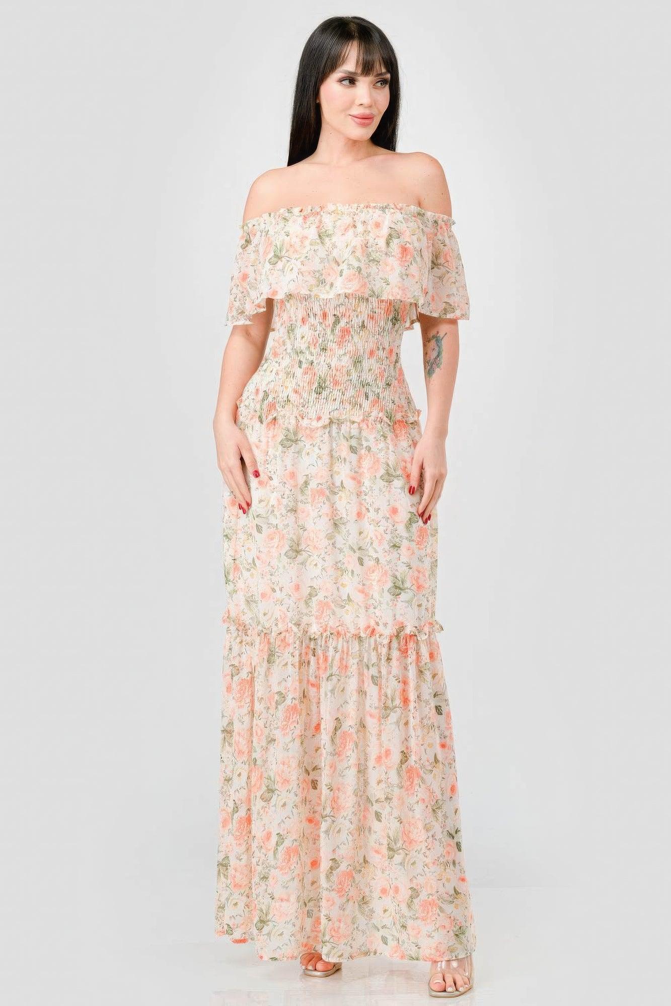 Floral Chiffon Off Shoulder Smocked Back Ruffled Tiered Maxi Dress | Mixtshop LLC Main image