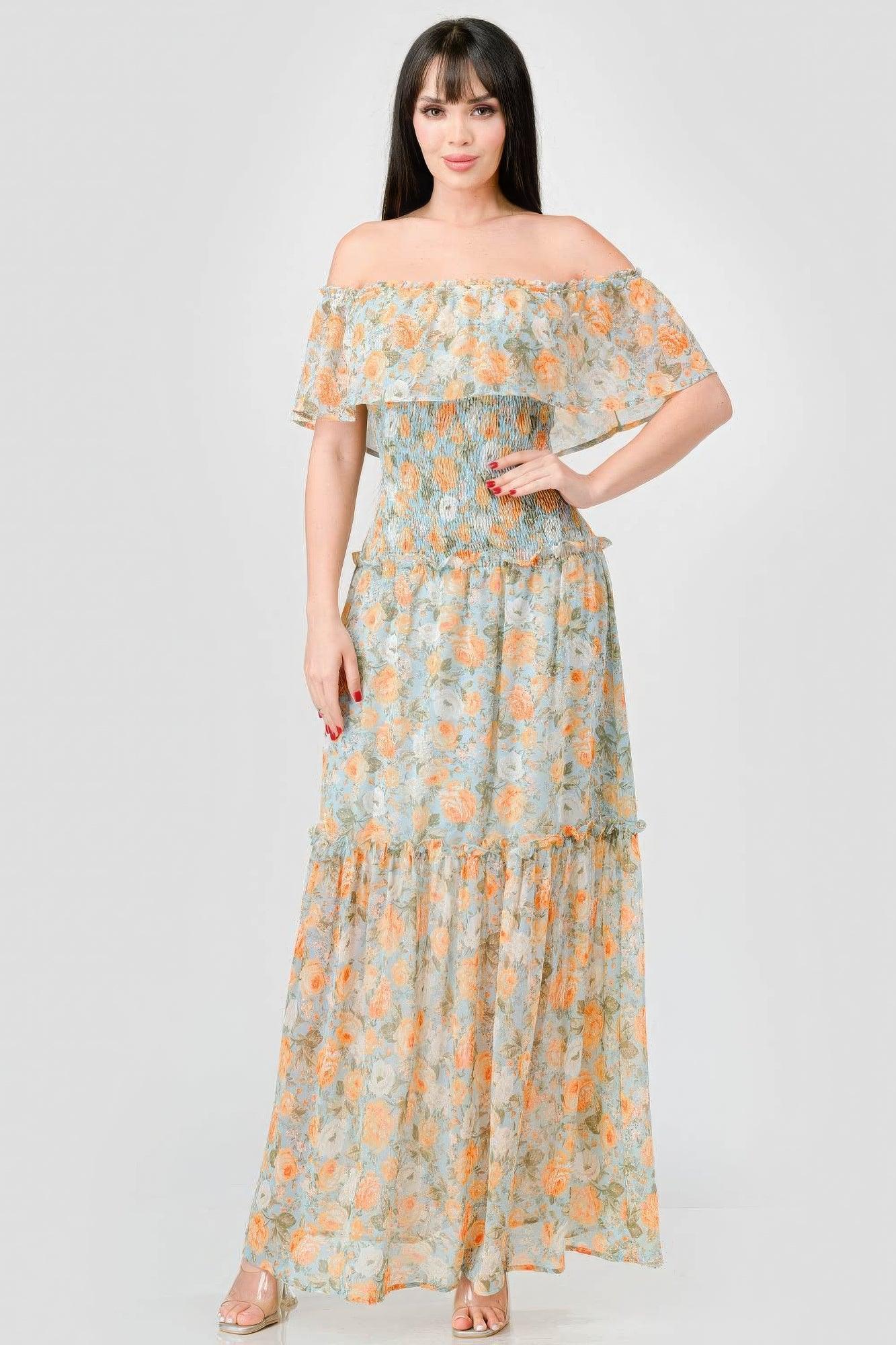 Floral Chiffon Off Shoulder Smocked Back Ruffled Tiered Maxi Dress | Mixtshop LLC Main image