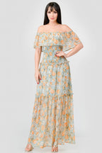 Floral Chiffon Off Shoulder Smocked Back Ruffled Tiered Maxi Dress | Mixtshop LLC