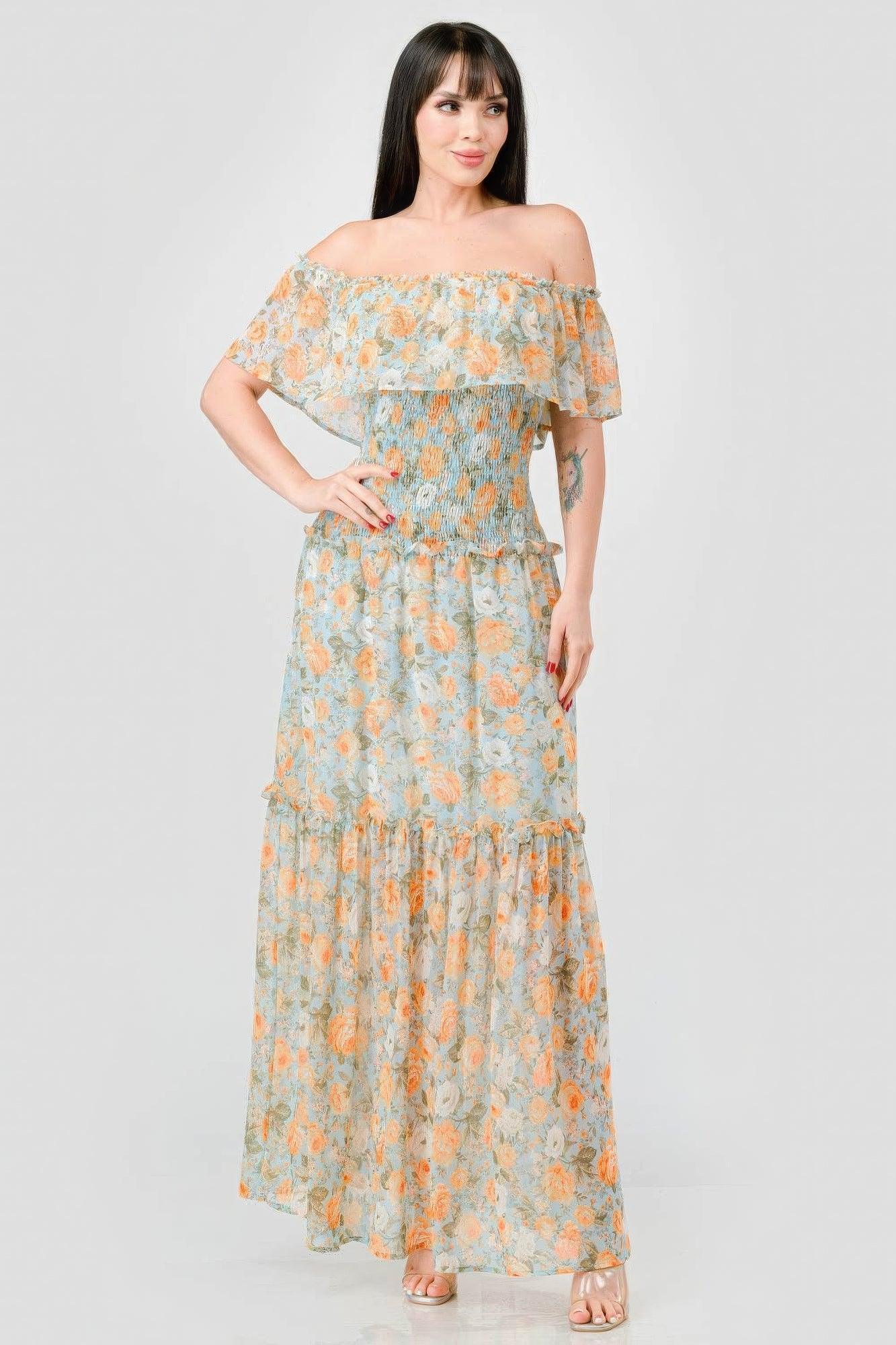 Floral Chiffon Off Shoulder Smocked Back Ruffled Tiered Maxi Dress Secondary image