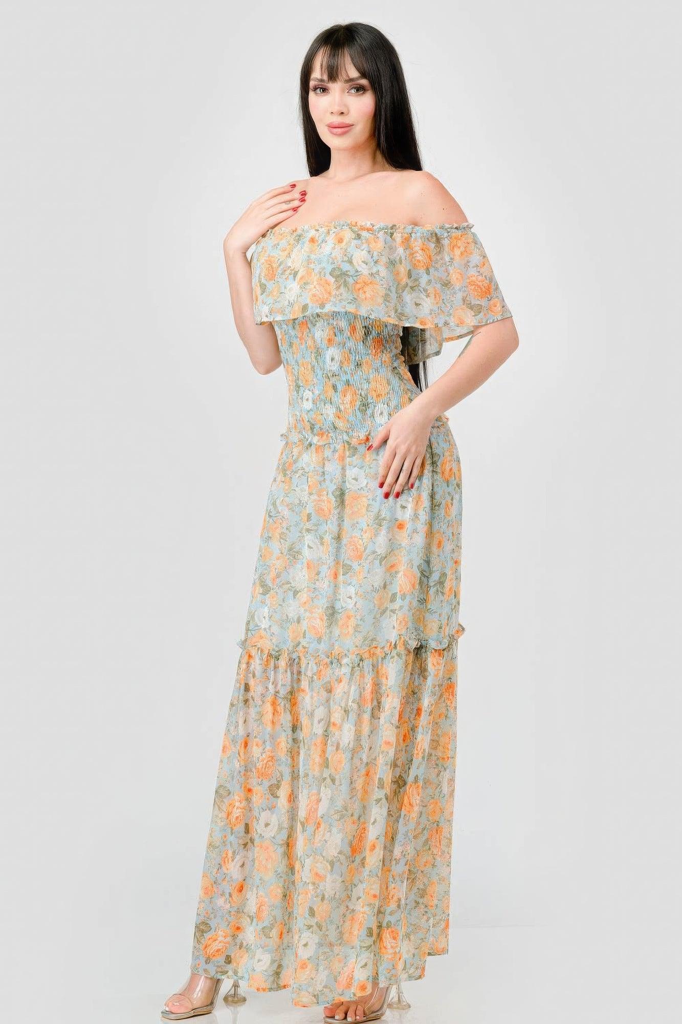 Floral Chiffon Off Shoulder Smocked Back Ruffled Tiered Maxi Dress | Mixtshop LLC