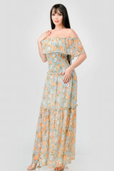 Floral Chiffon Off Shoulder Smocked Back Ruffled Tiered Maxi Dress | Mixtshop LLC