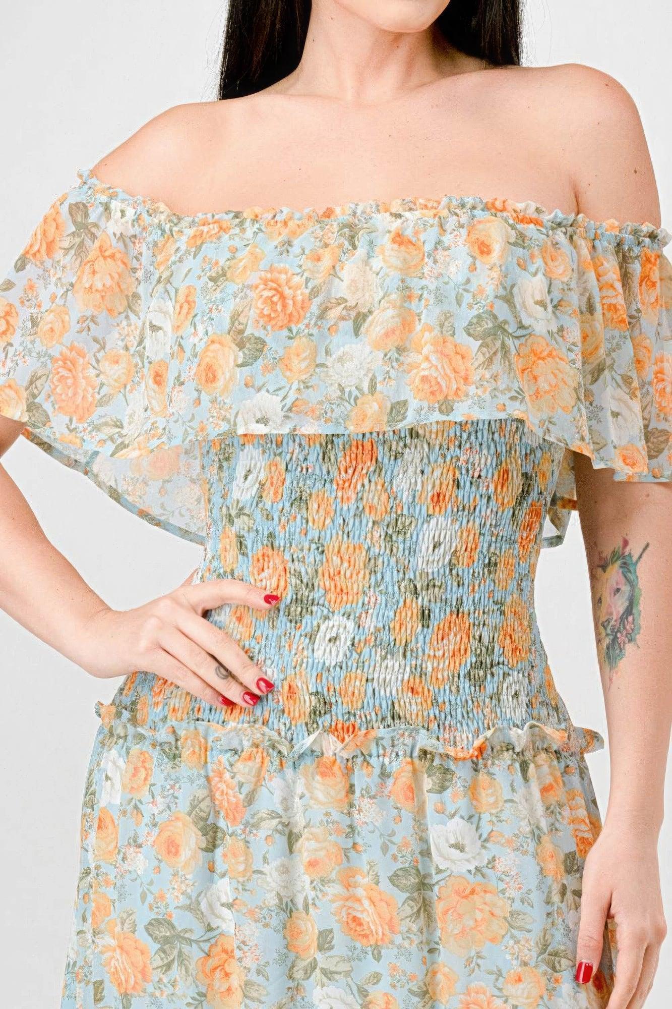 Floral Chiffon Off Shoulder Smocked Back Ruffled Tiered Maxi Dress | Mixtshop LLC