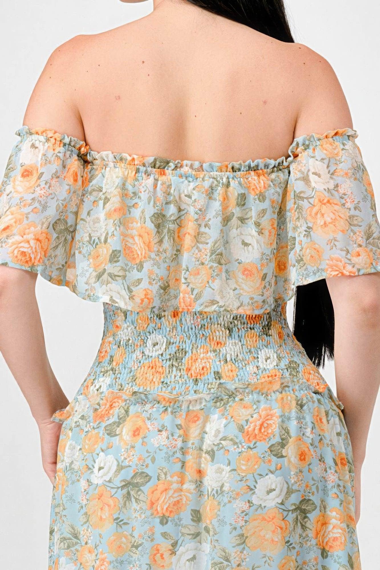 Floral Chiffon Off Shoulder Smocked Back Ruffled Tiered Maxi Dress | Mixtshop LLC