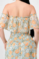 Floral Chiffon Off Shoulder Smocked Back Ruffled Tiered Maxi Dress | Mixtshop LLC