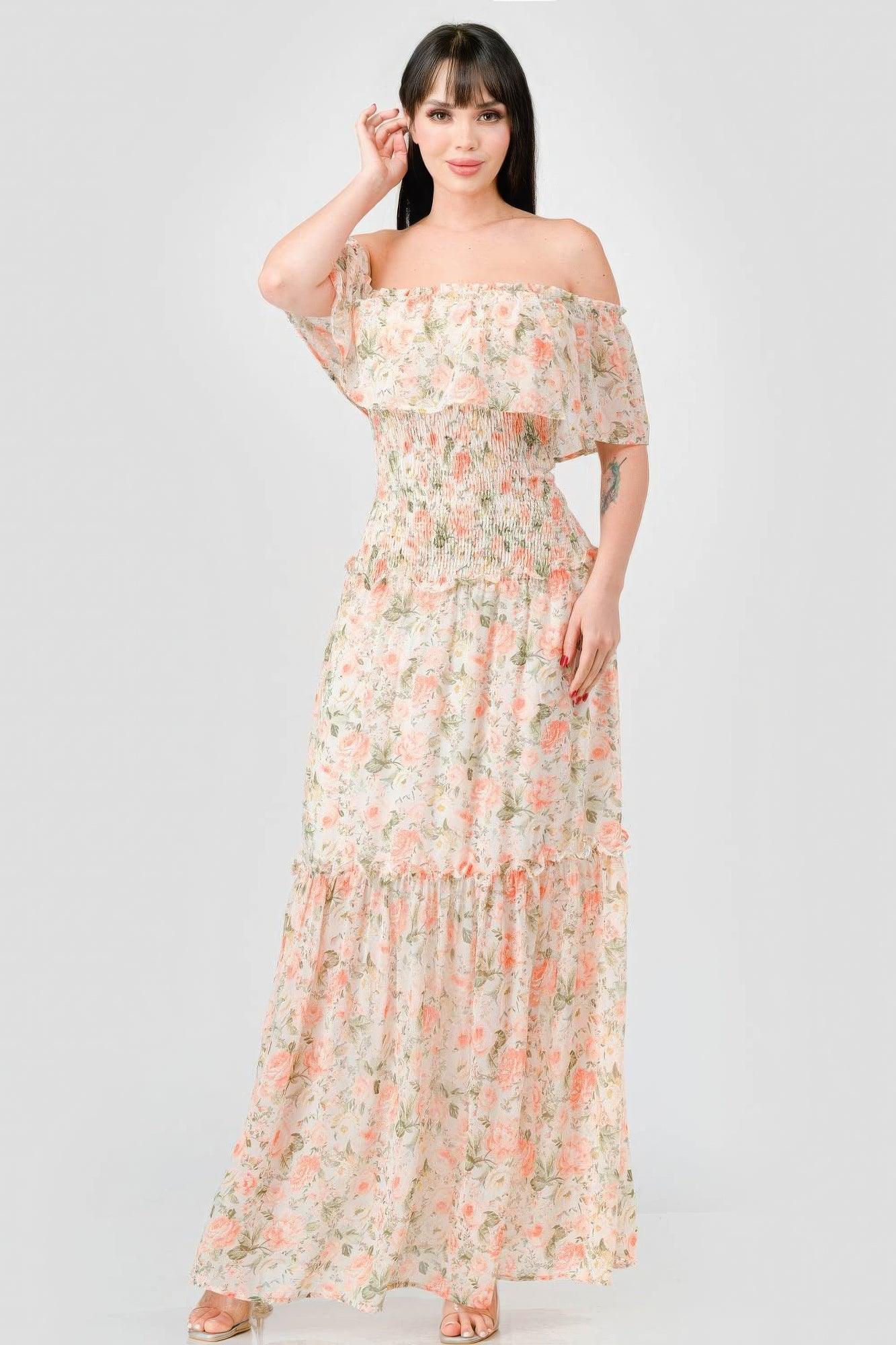 Floral Chiffon Off Shoulder Smocked Back Ruffled Tiered Maxi Dress | Mixtshop LLC