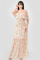 Floral Chiffon Off Shoulder Smocked Back Ruffled Tiered Maxi Dress | Mixtshop LLC