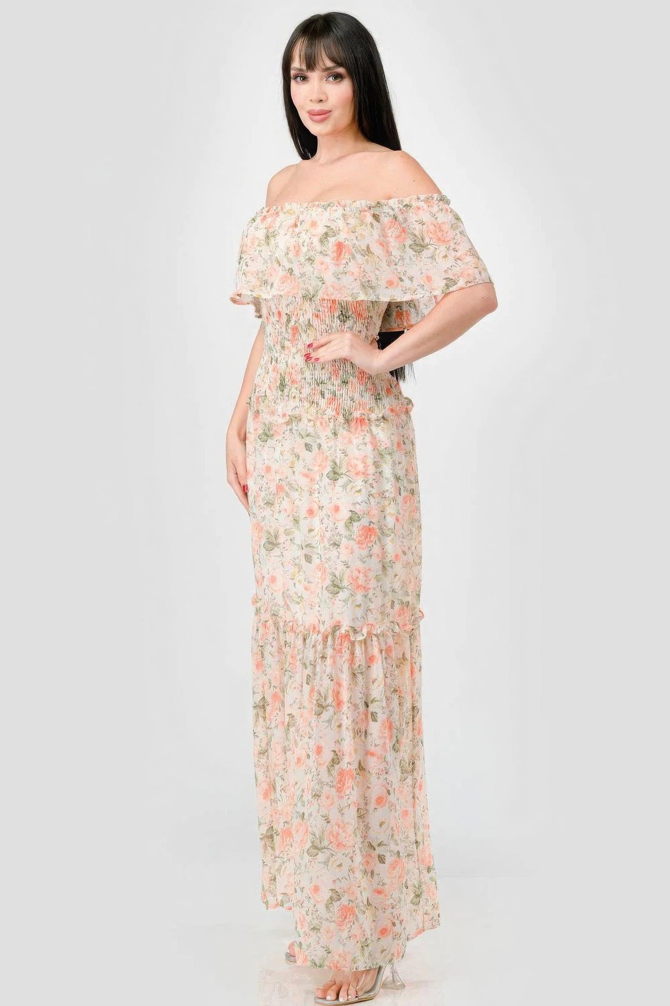 Floral Chiffon Off Shoulder Smocked Back Ruffled Tiered Maxi Dress | Mixtshop LLC