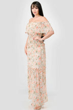 Floral Chiffon Off Shoulder Smocked Back Ruffled Tiered Maxi Dress | Mixtshop LLC