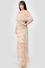 Floral Chiffon Off Shoulder Smocked Back Ruffled Tiered Maxi Dress | Mixtshop LLC