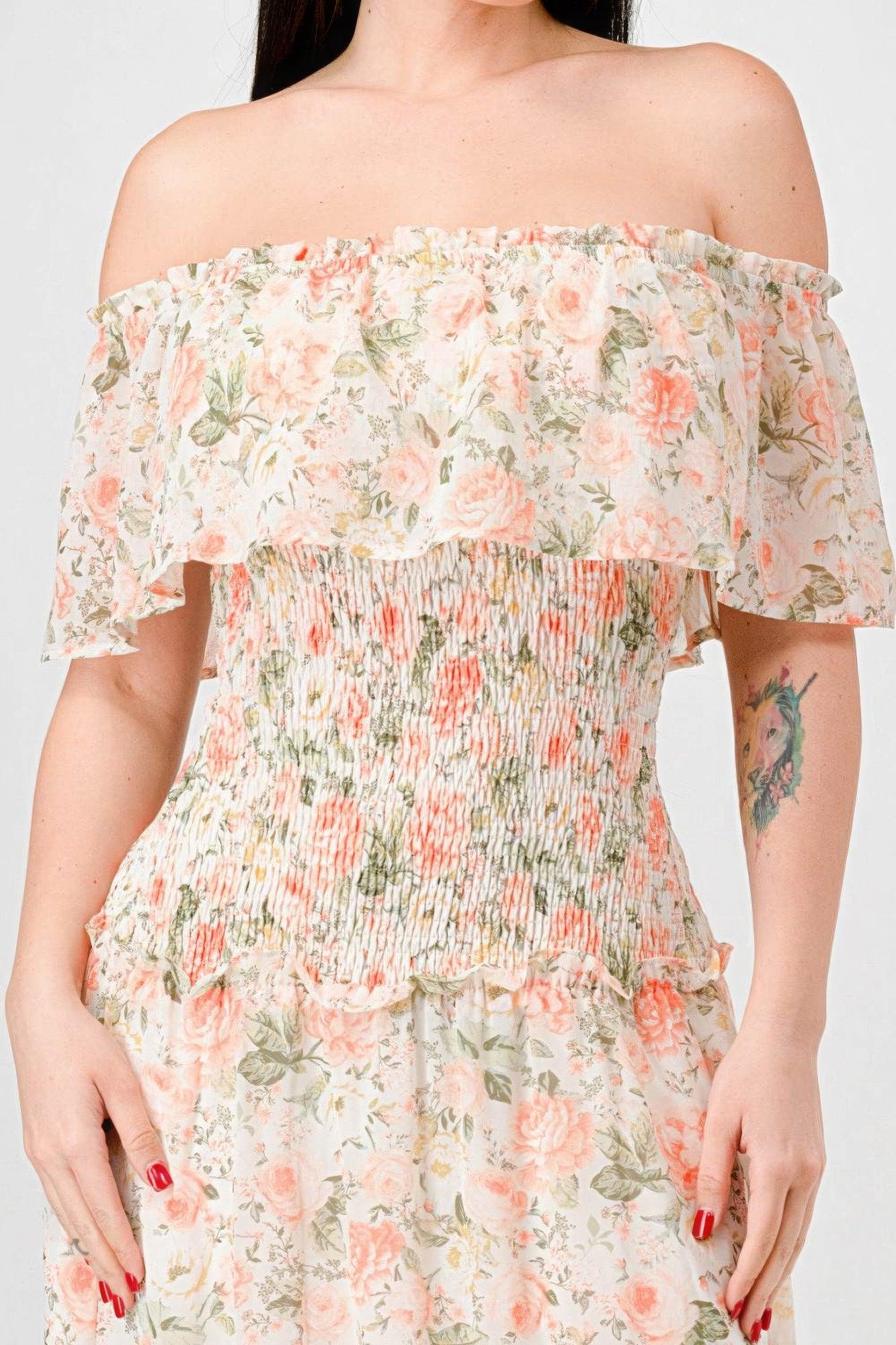 Floral Chiffon Off Shoulder Smocked Back Ruffled Tiered Maxi Dress | Mixtshop LLC