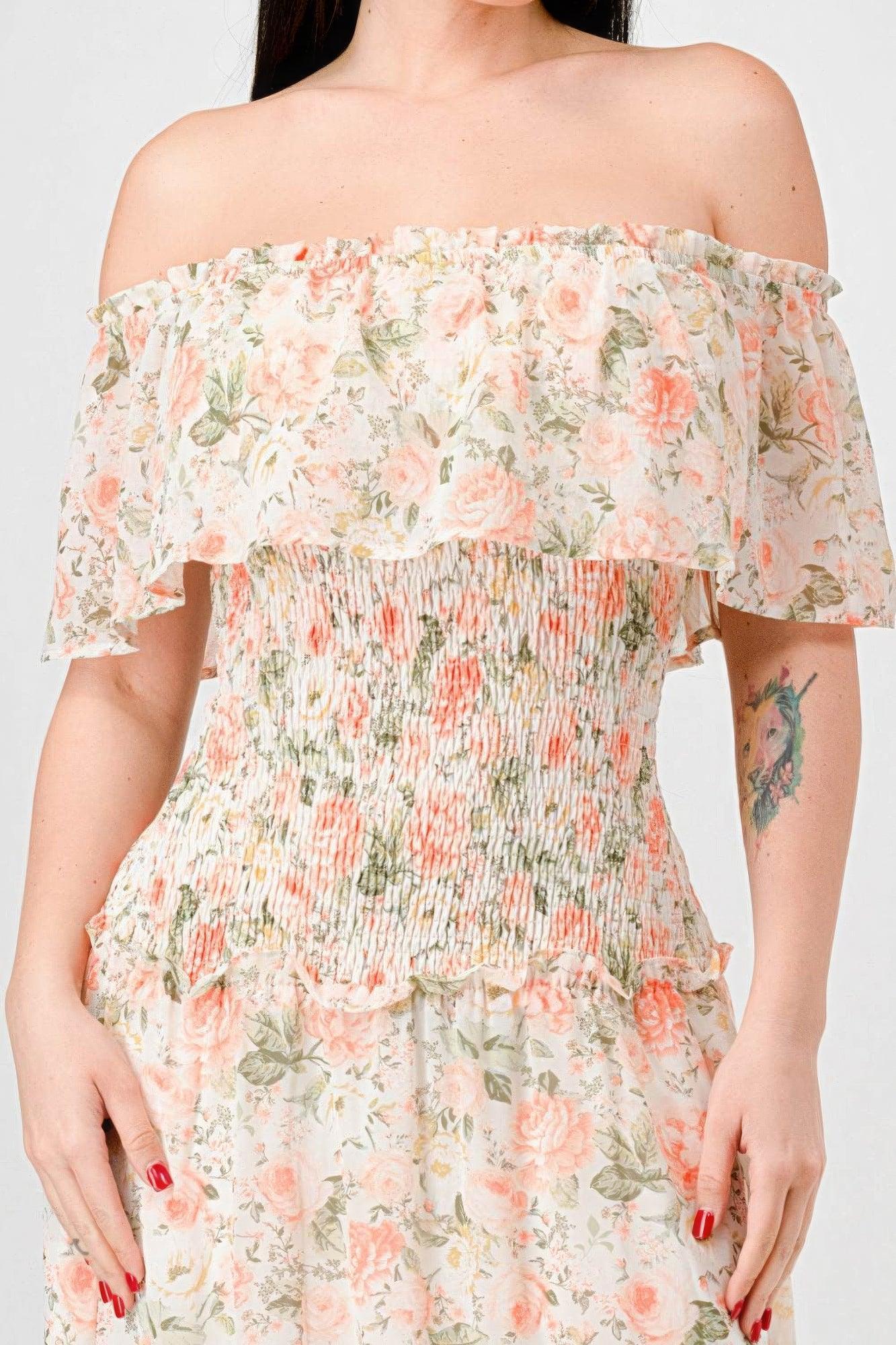 Floral Chiffon Off Shoulder Smocked Back Ruffled Tiered Maxi Dress | Mixtshop LLC
