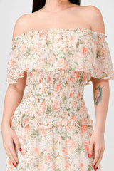 Floral Chiffon Off Shoulder Smocked Back Ruffled Tiered Maxi Dress | Mixtshop LLC