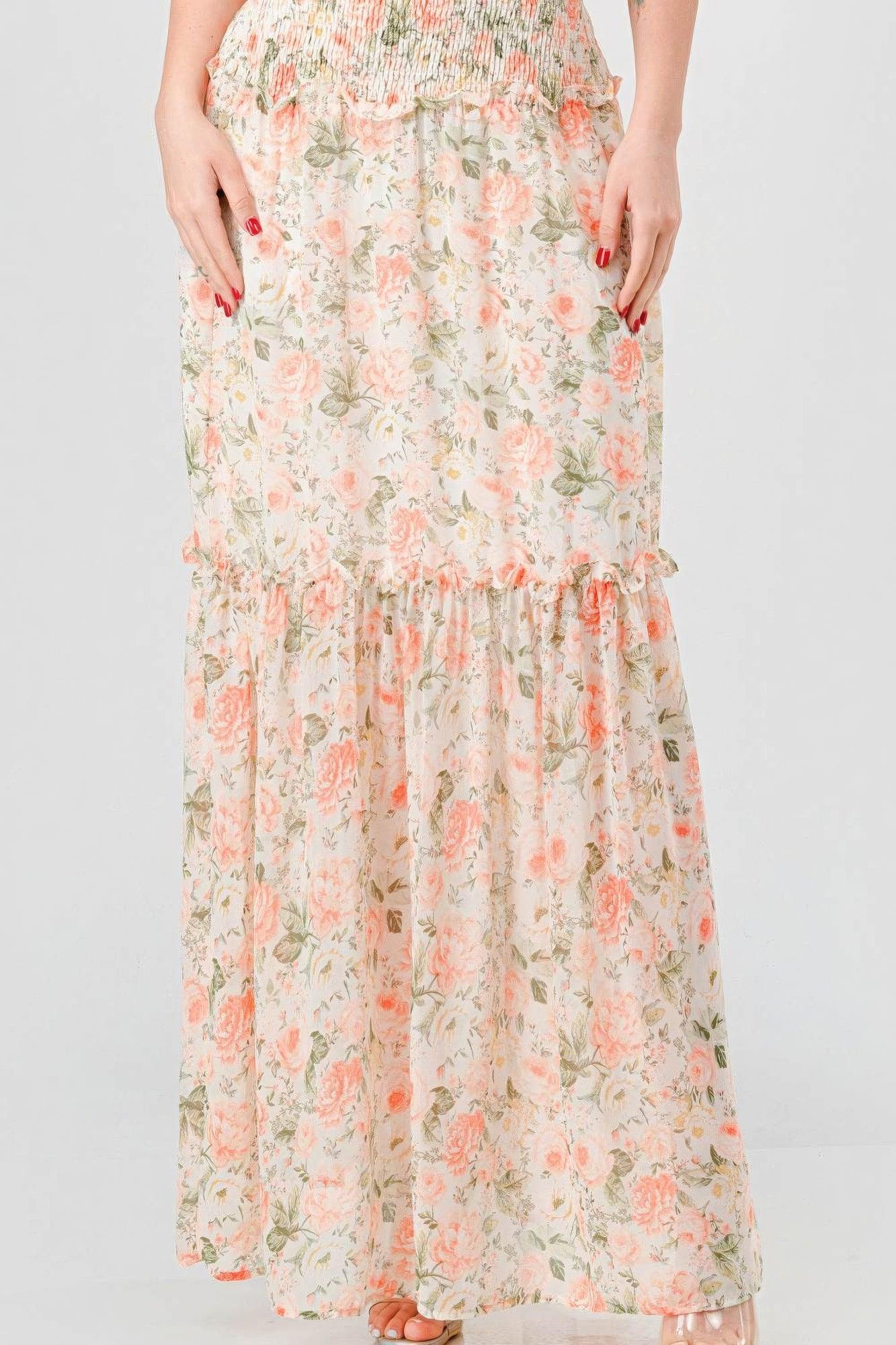 Floral Chiffon Off Shoulder Smocked Back Ruffled Tiered Maxi Dress | Mixtshop LLC