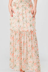 Floral Chiffon Off Shoulder Smocked Back Ruffled Tiered Maxi Dress | Mixtshop LLC