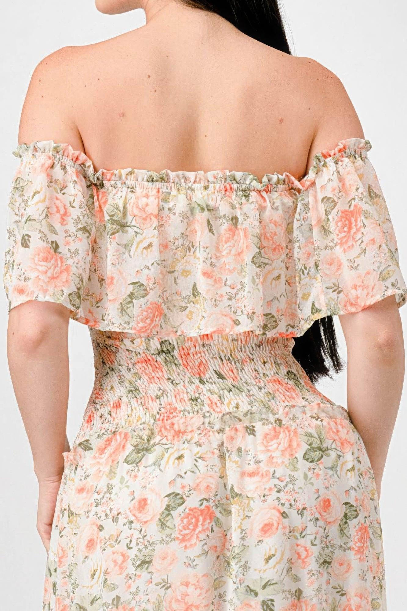 Floral Chiffon Off Shoulder Smocked Back Ruffled Tiered Maxi Dress | Mixtshop LLC
