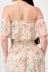 Floral Chiffon Off Shoulder Smocked Back Ruffled Tiered Maxi Dress | Mixtshop LLC