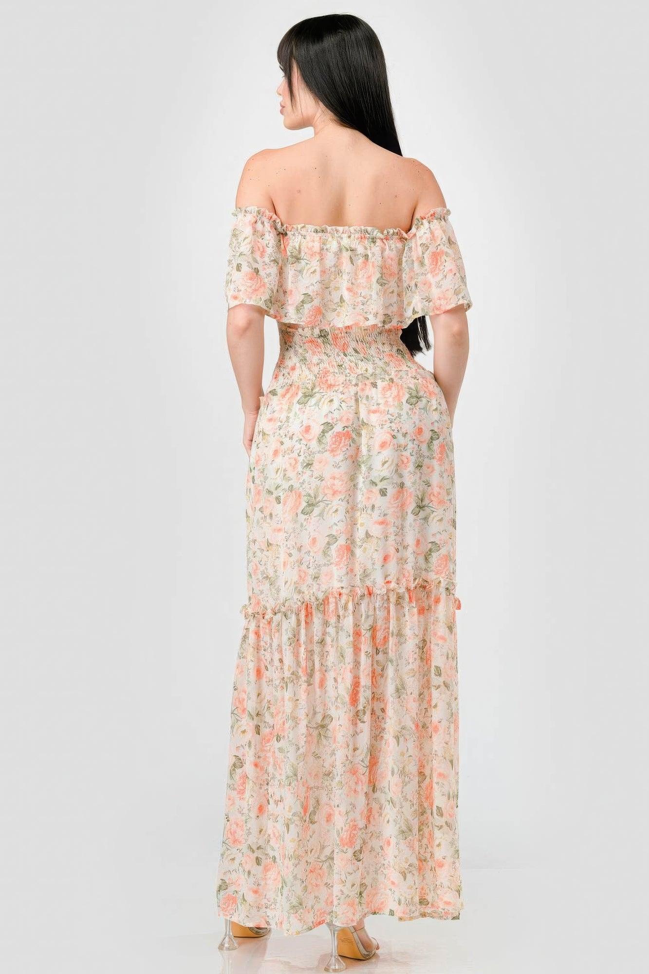 Floral Chiffon Off Shoulder Smocked Back Ruffled Tiered Maxi Dress | Mixtshop LLC