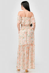 Floral Chiffon Off Shoulder Smocked Back Ruffled Tiered Maxi Dress | Mixtshop LLC