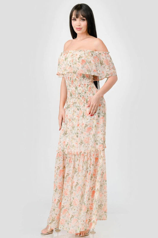 Floral Chiffon Off Shoulder Smocked Back Ruffled Tiered Maxi Dress | Mixtshop LLC