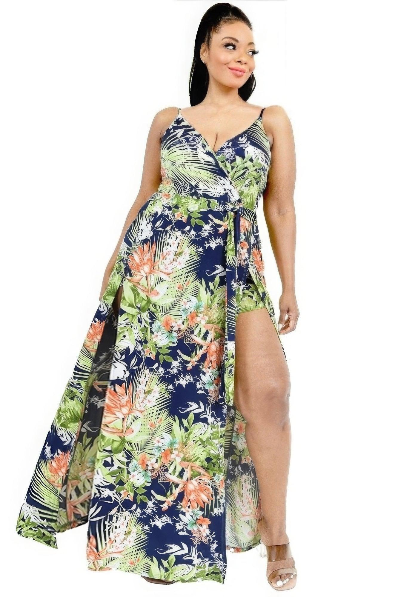 Plus Tropical Leaf Print Surplice Maxi Dress | Mixtshop LLC Main image