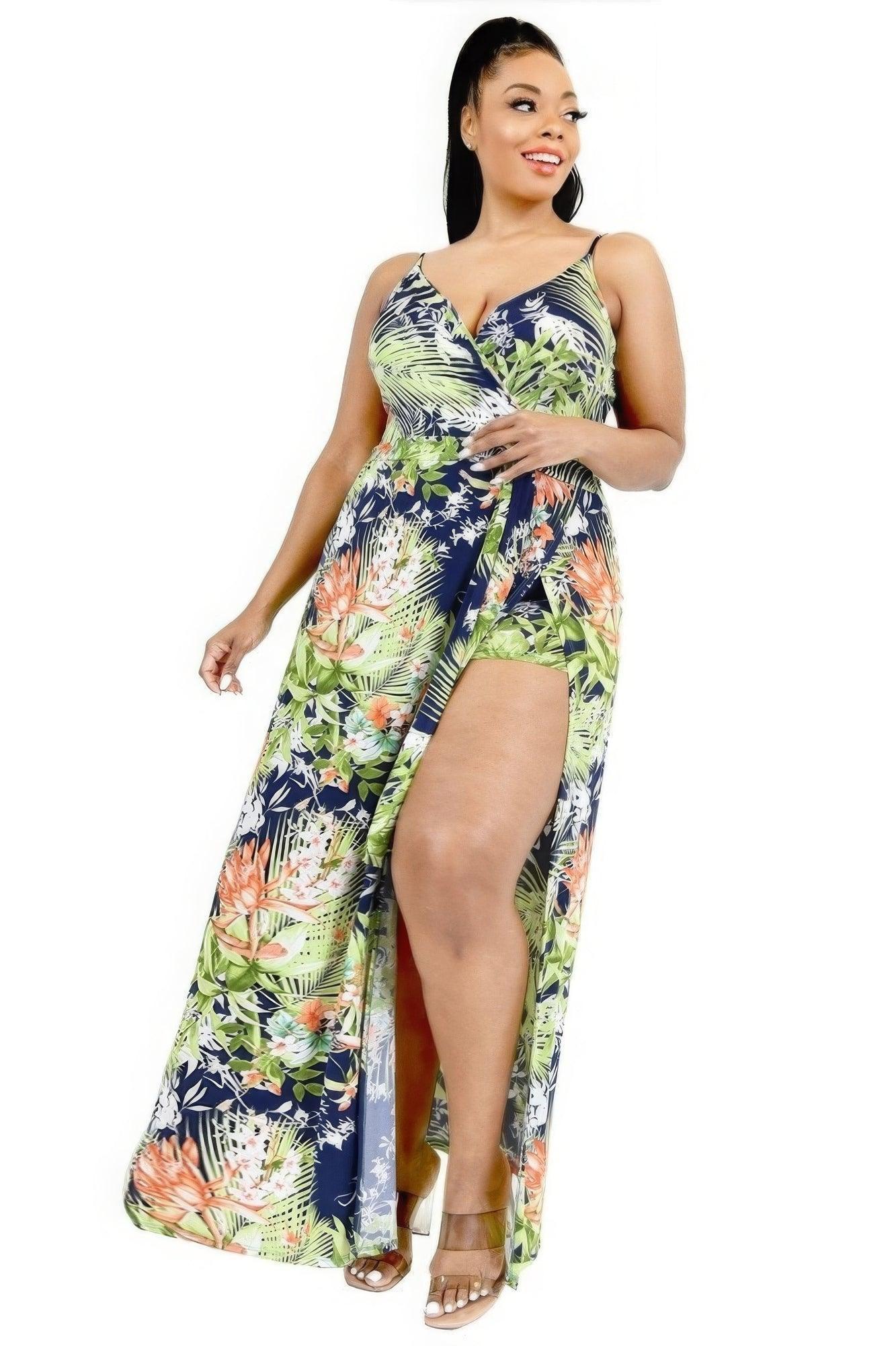 Plus Tropical Leaf Print Surplice Maxi Dress Secondary image