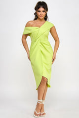 Off Shoulder Twist Front Midi Dress With Tulip Skirt | Mixtshop LLC