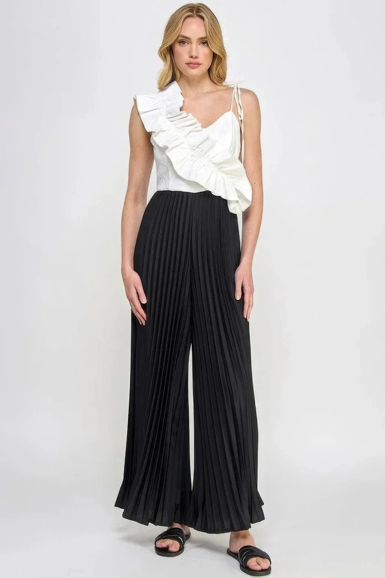 Cami Asymmetrical Ruffle Detail Pleated Bottom Jumpsuit | Mixtshop LLC Main image