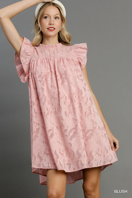 Jacquard Lace Ruffle Short Sleeve Dress With Back Button Keyhole | Mixtshop LLC