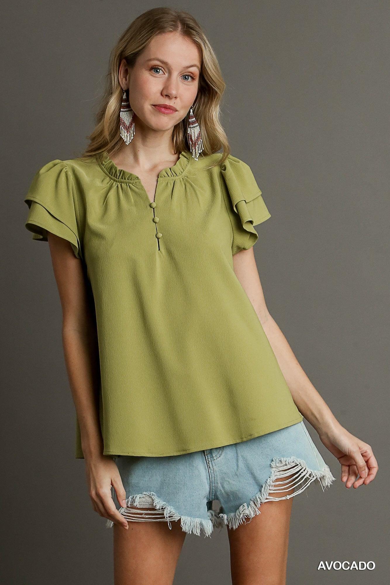 Boxy Cut Faux Button Ruffle Neckline Top With Short Layered Sleeves | Mixtshop LLC Main image