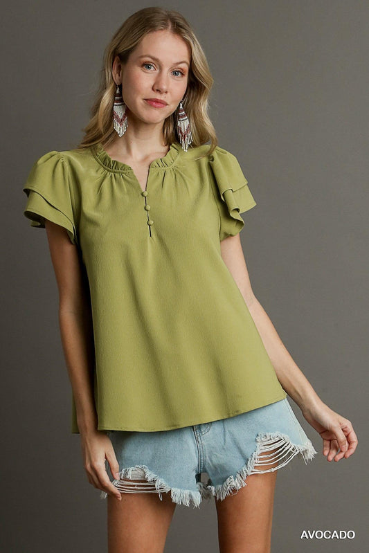 Boxy Cut Faux Button Ruffle Neckline Top With Short Layered Sleeves | Mixtshop LLC