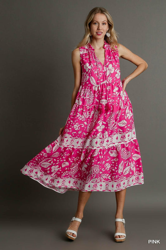 Two Tone Floral Paisley Sleeveless Midi Dress | Mixtshop LLC
